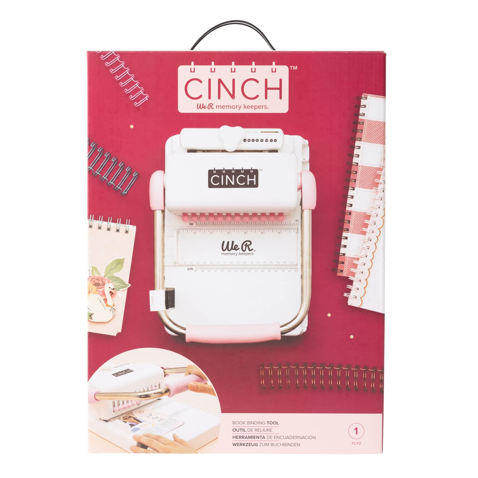 We R Memory Keepers, Cinch Book Binding Machine 2, Pink/White, Easy to Use Design with Slide Ruler, Compatible with Wire or Spiral Coils, Make Professional Books, Notebooks, Calendars and More