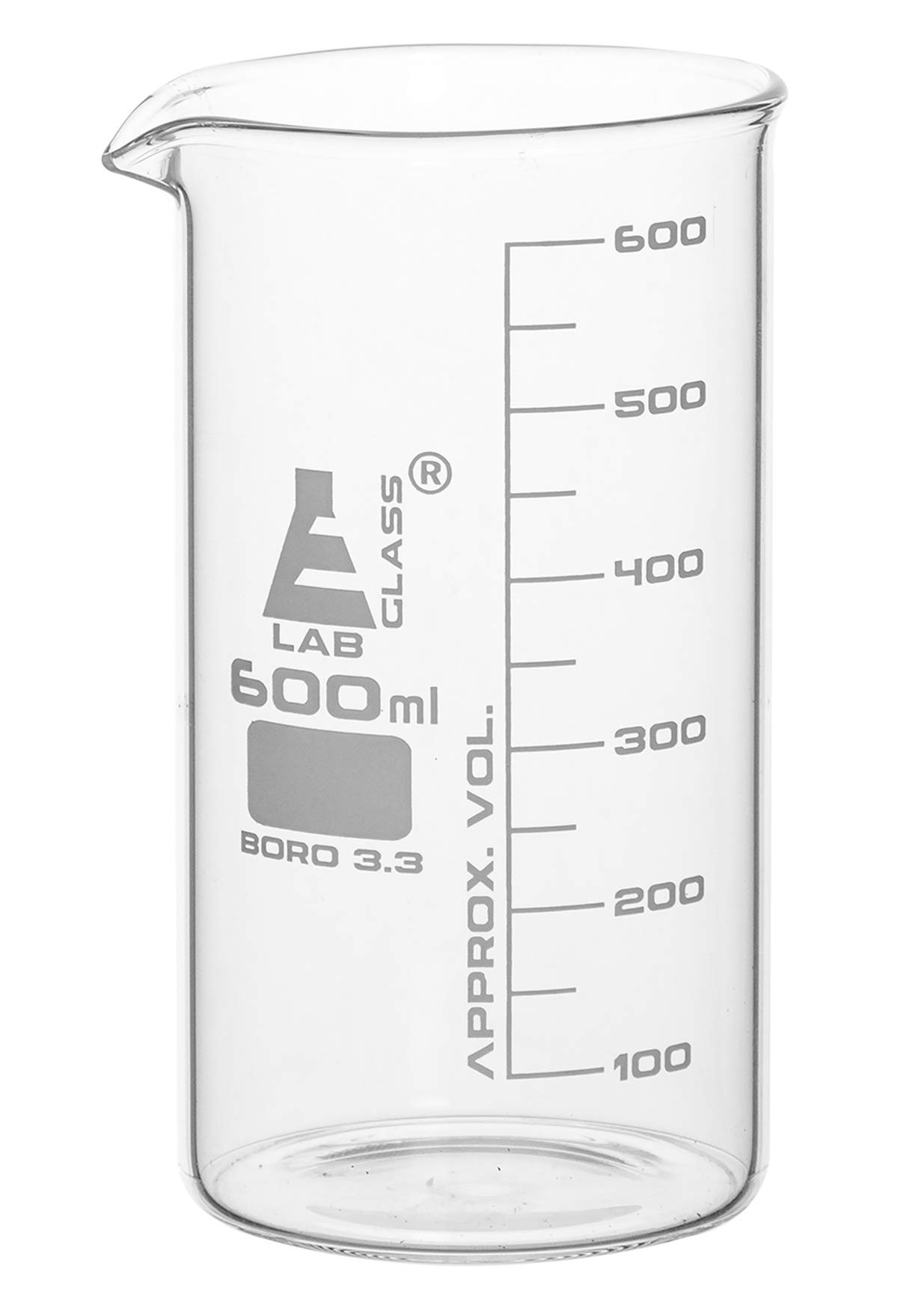 EISCO Beaker, 600ml - Tall Form with Spout - White, 50ml Graduations - Borosilicate 3.3 Glass