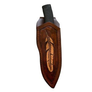 by carl thomas jr. leather knife sheath for buck 692 vanguard or zipper. tooled w/feather &dyed brown