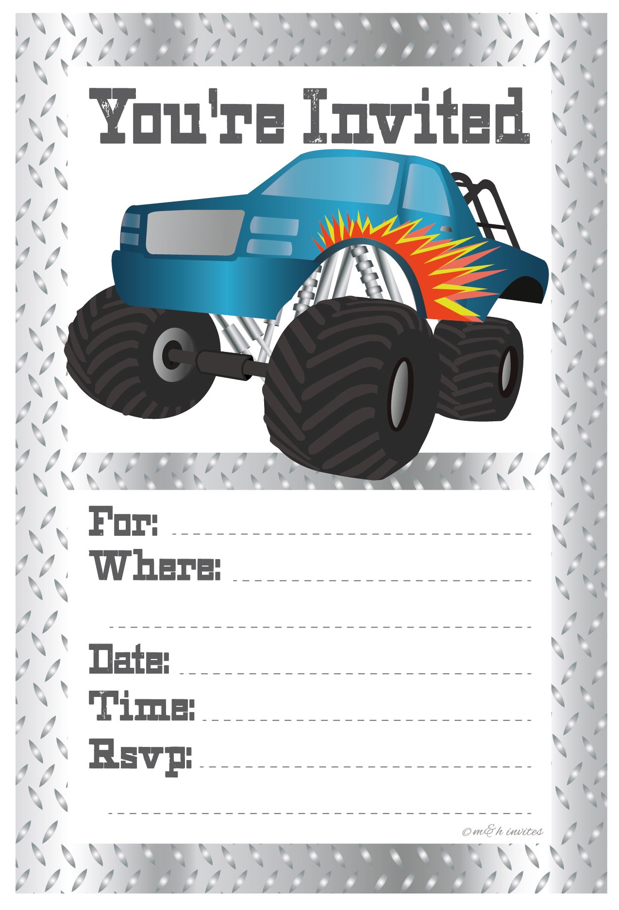 Monster Truck Birthday Party Invitations - Fill in Style (20 Count) with Envelopes by m&h invites