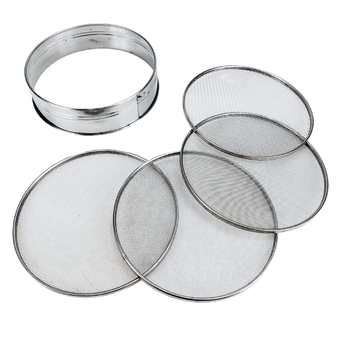 HOMEGARDEN 8" Soil Sieves Set | 5 Pc Set Includes 1 Stainless Steel Frame + 4 Sieve Screens | Screen Sizes 0.5mm, 1mm, 2mm, 3mm | Great for Sifting Rocks, Seeds, Dirt, Compost and Potting Soil