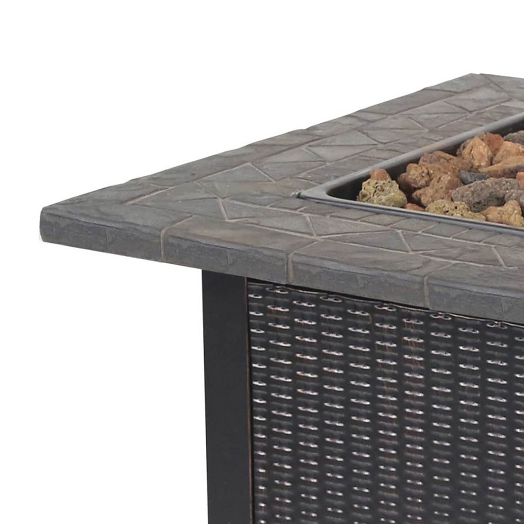 Endless Summer 30 Inch Square 30,000 BTU LP Gas Outdoor Fire Pit Table with Mosaic Resin Mantel, Steel Wicker Design Base, and Lava Rock, Black