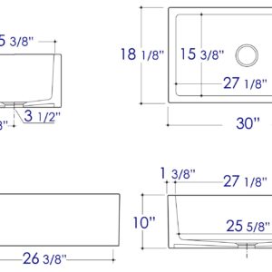 ALFI brand AB3018SB-W Smooth Solid Thick Wall Fireclay Single Bowl Farm Sink, 30", White