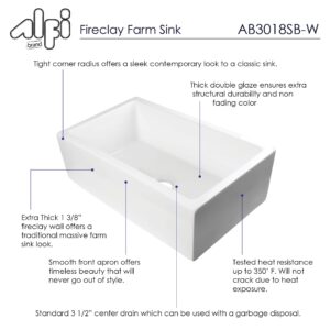 ALFI brand AB3018SB-W Smooth Solid Thick Wall Fireclay Single Bowl Farm Sink, 30", White