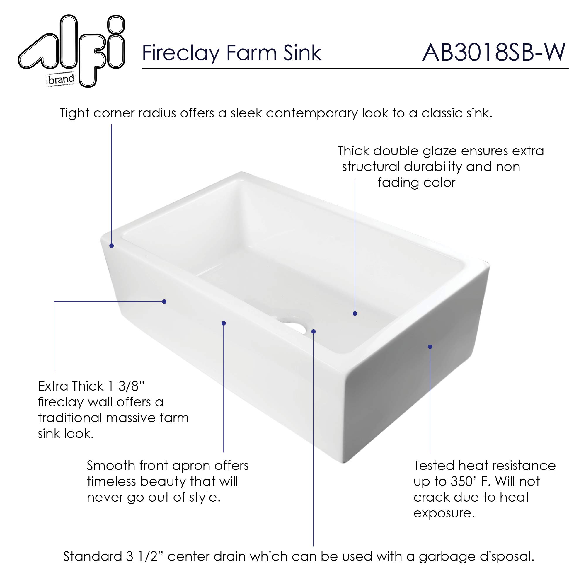 ALFI brand AB3018SB-W Smooth Solid Thick Wall Fireclay Single Bowl Farm Sink, 30", White