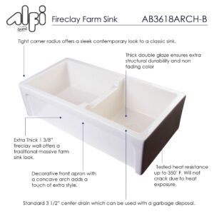 ALFI brand AB3618ARCH-B Arched Apron Thick Wall Fireclay Double Bowl Farm Sink, 36", Biscuit