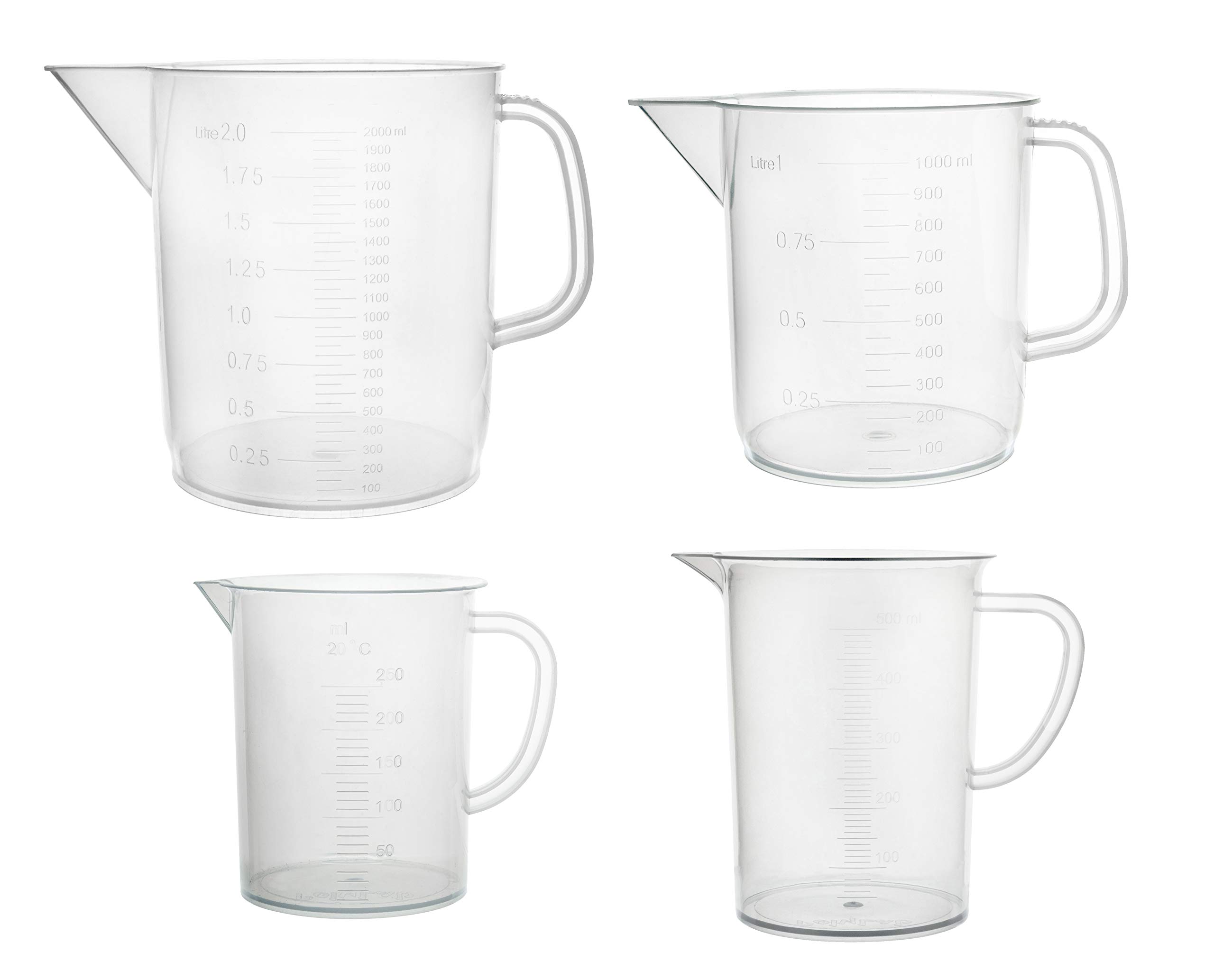 EISCO 4pcs Plastic Pitcher Set, 250mL, 500mL, 1000mL, 2000mL - Short Form, Euro Design - Molded Graduations - Chemical Resistant & Autoclavable Polypropylene - Measuring Jug