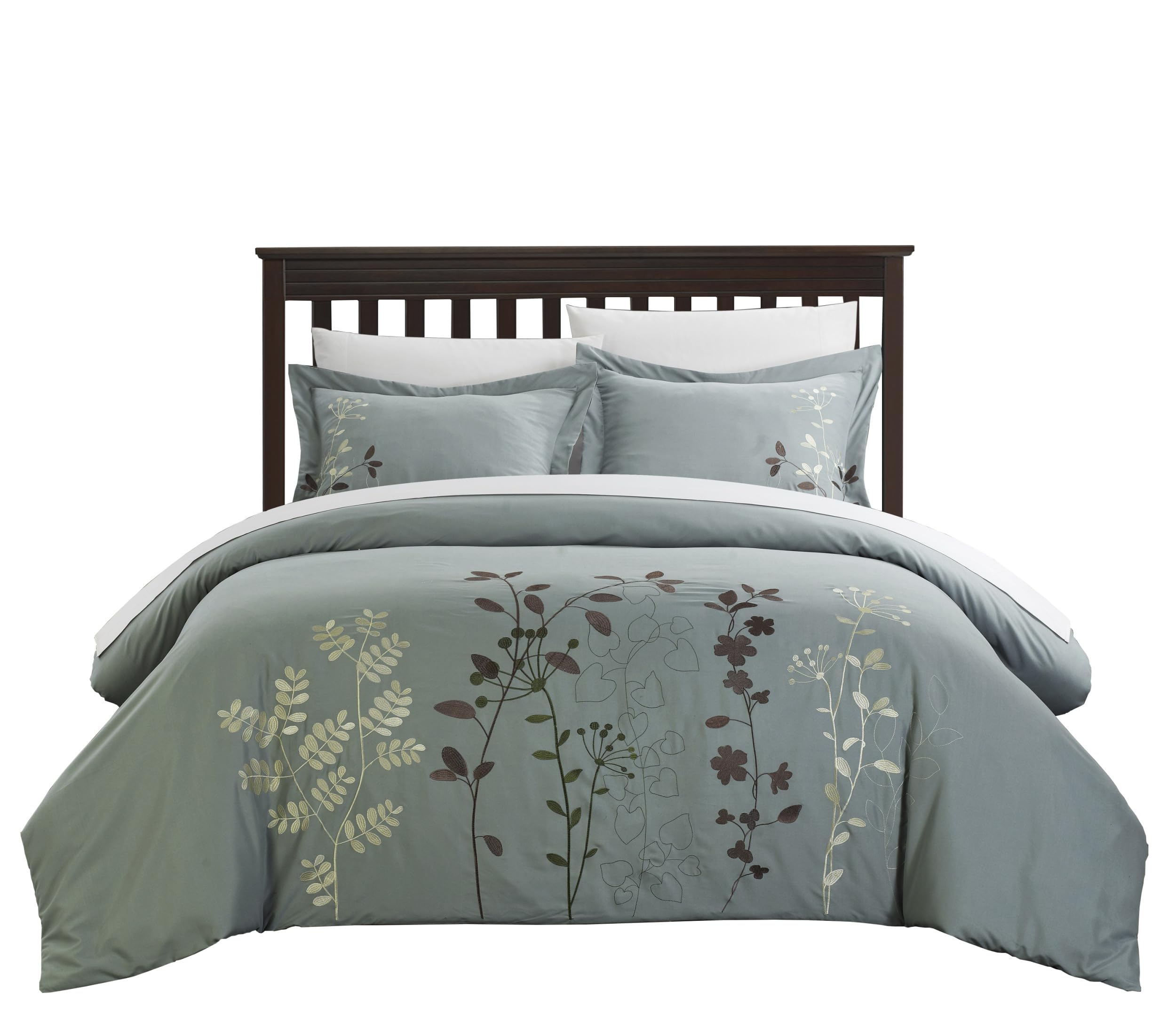 Chic Home 3-Piece Kaylee Floral Embroidered Duvet Set (Queen, Green)