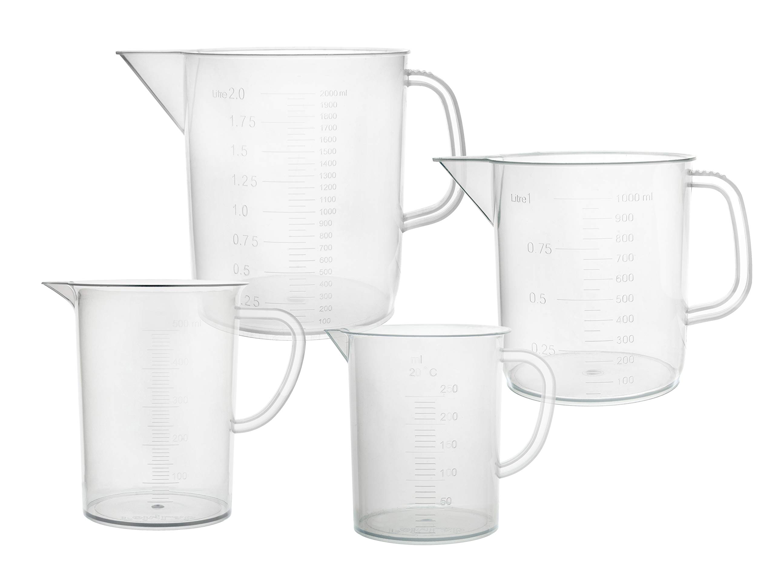 EISCO 4pcs Plastic Pitcher Set, 250mL, 500mL, 1000mL, 2000mL - Short Form, Euro Design - Molded Graduations - Chemical Resistant & Autoclavable Polypropylene - Measuring Jug