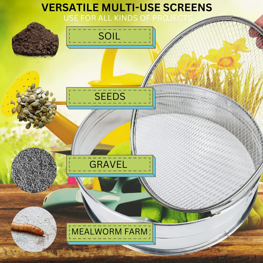 HOMEGARDEN 8" Soil Sieves Set | 5 Pc Set Includes 1 Stainless Steel Frame + 4 Sieve Screens | Screen Sizes 0.5mm, 1mm, 2mm, 3mm | Great for Sifting Rocks, Seeds, Dirt, Compost and Potting Soil