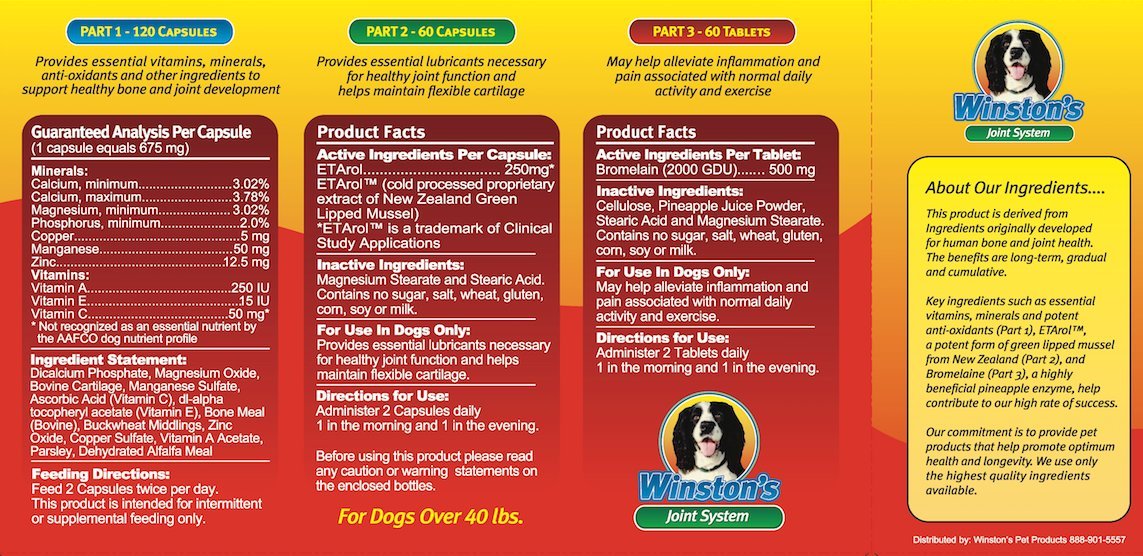 Winston Joint System - for Medium Dogs from 40-99 Pounds - 100% Natural Whole Food Supplement for Arthritis, Hip Dysplasia and Joint + Pain Relief - One Month Supply - Since 1992