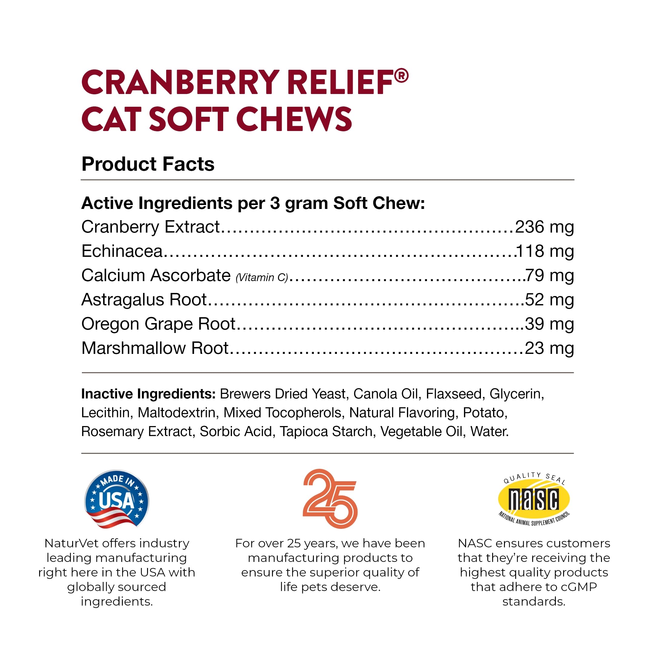 NaturVet Cranberry Relief Plus Echinacea for Cats, 60 ct Soft Chews, Made in The USA with Globally Source Ingredients