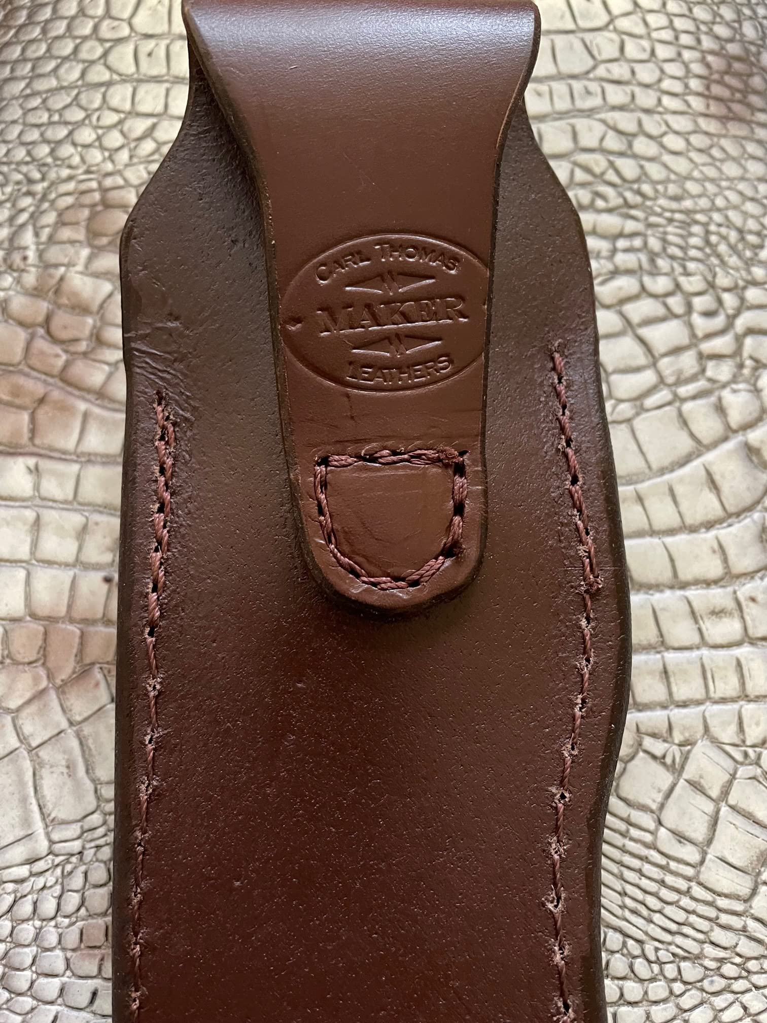 by Carl Thomas Jr. Leather Knife Sheath for Buck 692 Vanguard or Zipper. Tooled W/feather &Dyed Brown