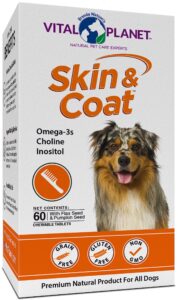 vital planet - skin and coat supplement for dogs with choline, inositol, pumpkin, flax and omega-3 oils to support a soft shiny healthy coat and for seasonal allergies - 60 chewable tablets