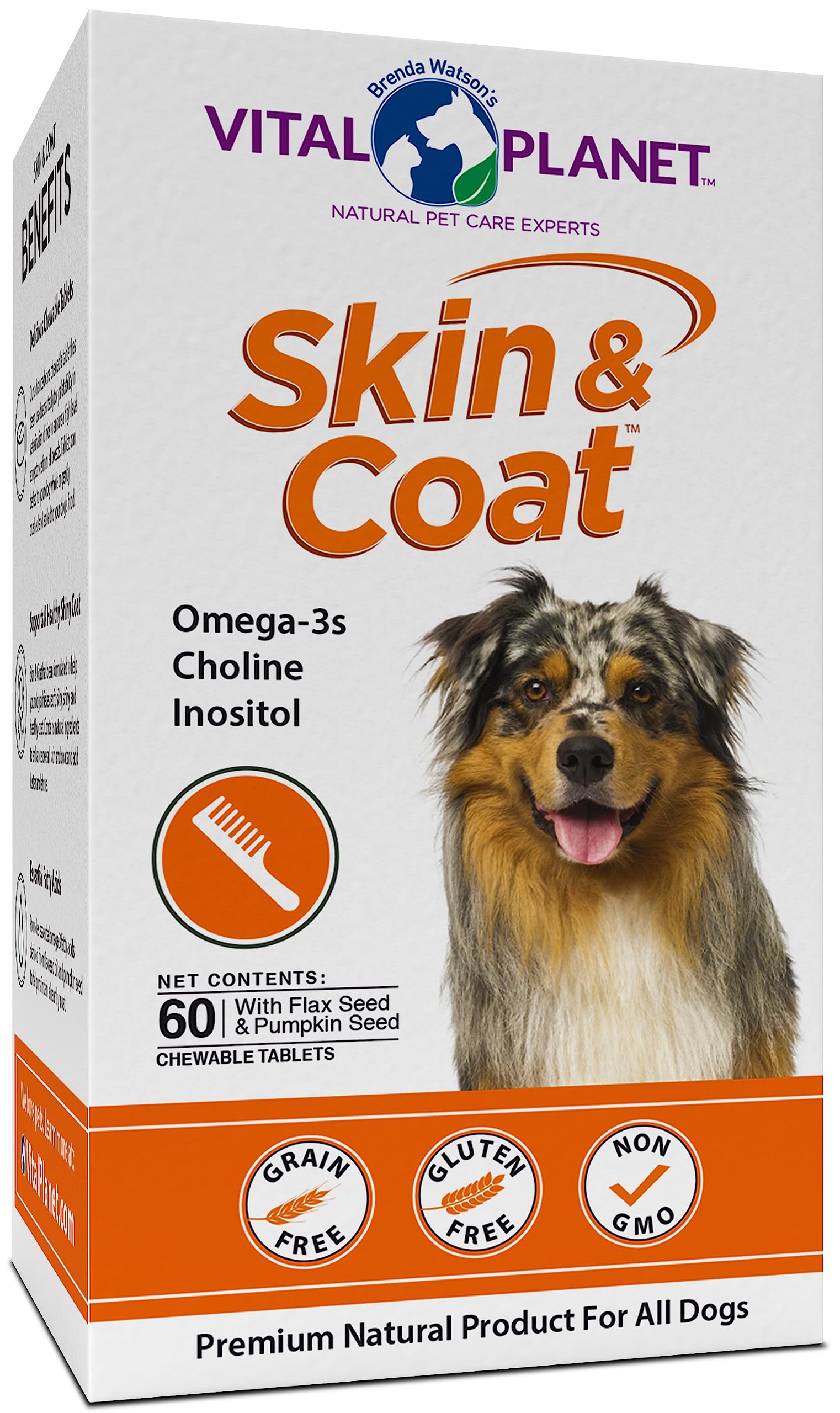 Vital Planet - Skin and Coat Supplement for Dogs with Choline, Inositol, Pumpkin, Flax and Omega-3 Oils to Support a Soft Shiny Healthy Coat and for Seasonal Allergies - 60 Chewable Tablets