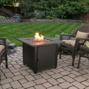 Endless Summer 30 Inch Square 30,000 BTU LP Gas Outdoor Fire Pit Table with Mosaic Resin Mantel, Steel Wicker Design Base, and Lava Rock, Black