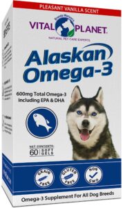 vital planet - alaskan omega-3 fish oil supplement for dogs with 600mg of omega-3, high in dha and epa from sustainably harvested wild caught cold water fish, 60 vanilla softgels