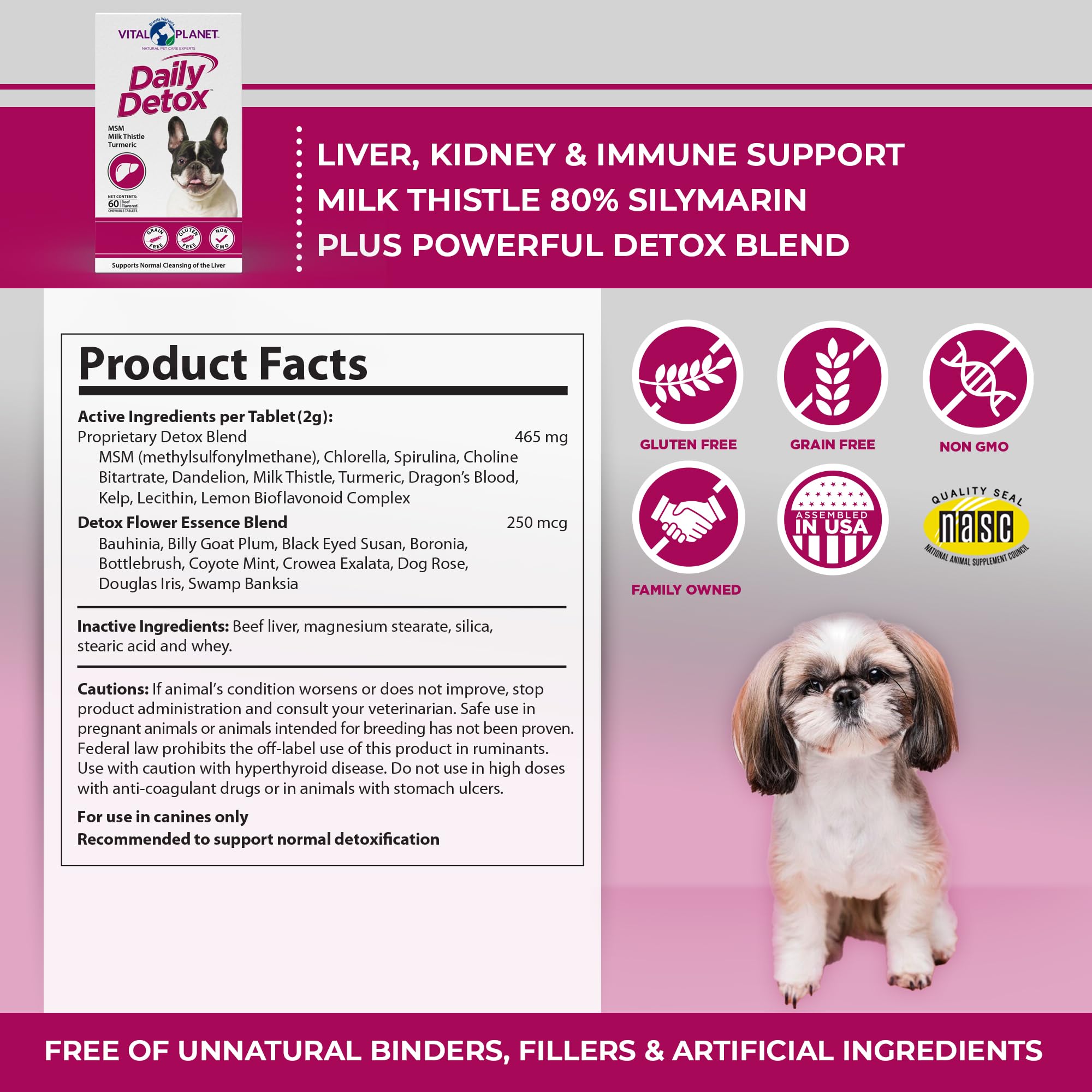 Vital Planet - Daily Detox for Dogs with MSM, Milk Thistle, Spirulina, and Turmeric, Supports The Immune System and Natural Cleansing of The Liver - 60 Beef Flavored Chewable Tablets