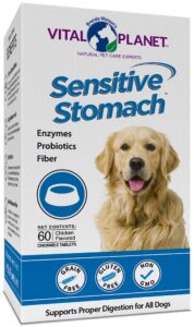 vital planet - sensitive stomach for dogs with enzymes, probiotics and fiber, natural digestive support for upset stomach with fennel, and peppermint, 60 chicken flavored chewable tablets