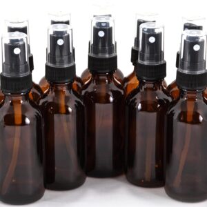 12, Amber, 2 oz Glass Bottles, with Black Fine Mist Sprayers