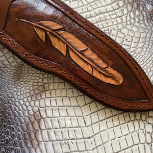 by Carl Thomas Jr. Leather Knife Sheath for Buck 692 Vanguard or Zipper. Tooled W/feather &Dyed Brown