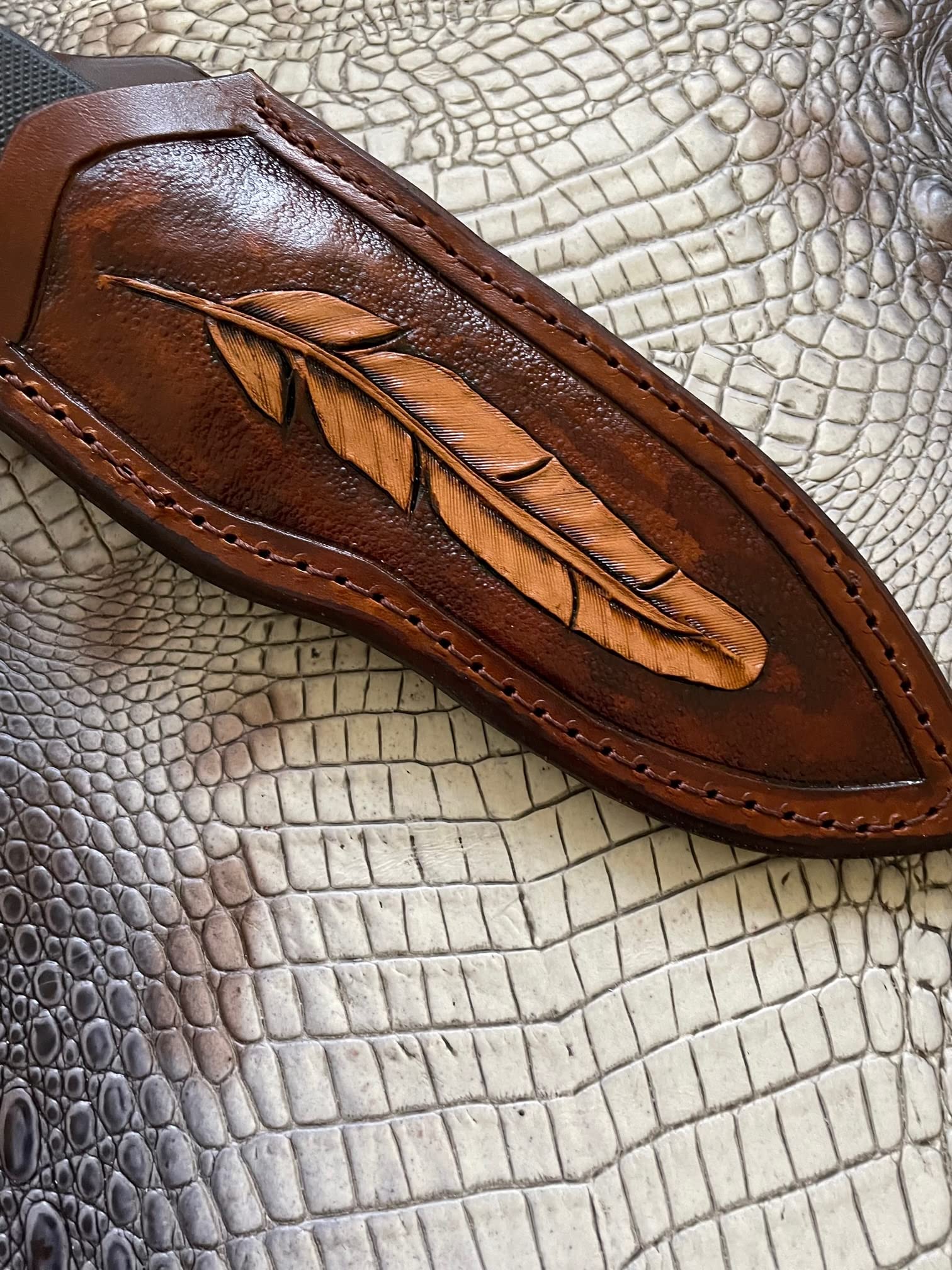 by Carl Thomas Jr. Leather Knife Sheath for Buck 692 Vanguard or Zipper. Tooled W/feather &Dyed Brown