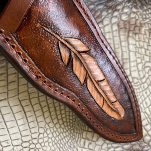 by Carl Thomas Jr. Leather Knife Sheath for Buck 692 Vanguard or Zipper. Tooled W/feather &Dyed Brown