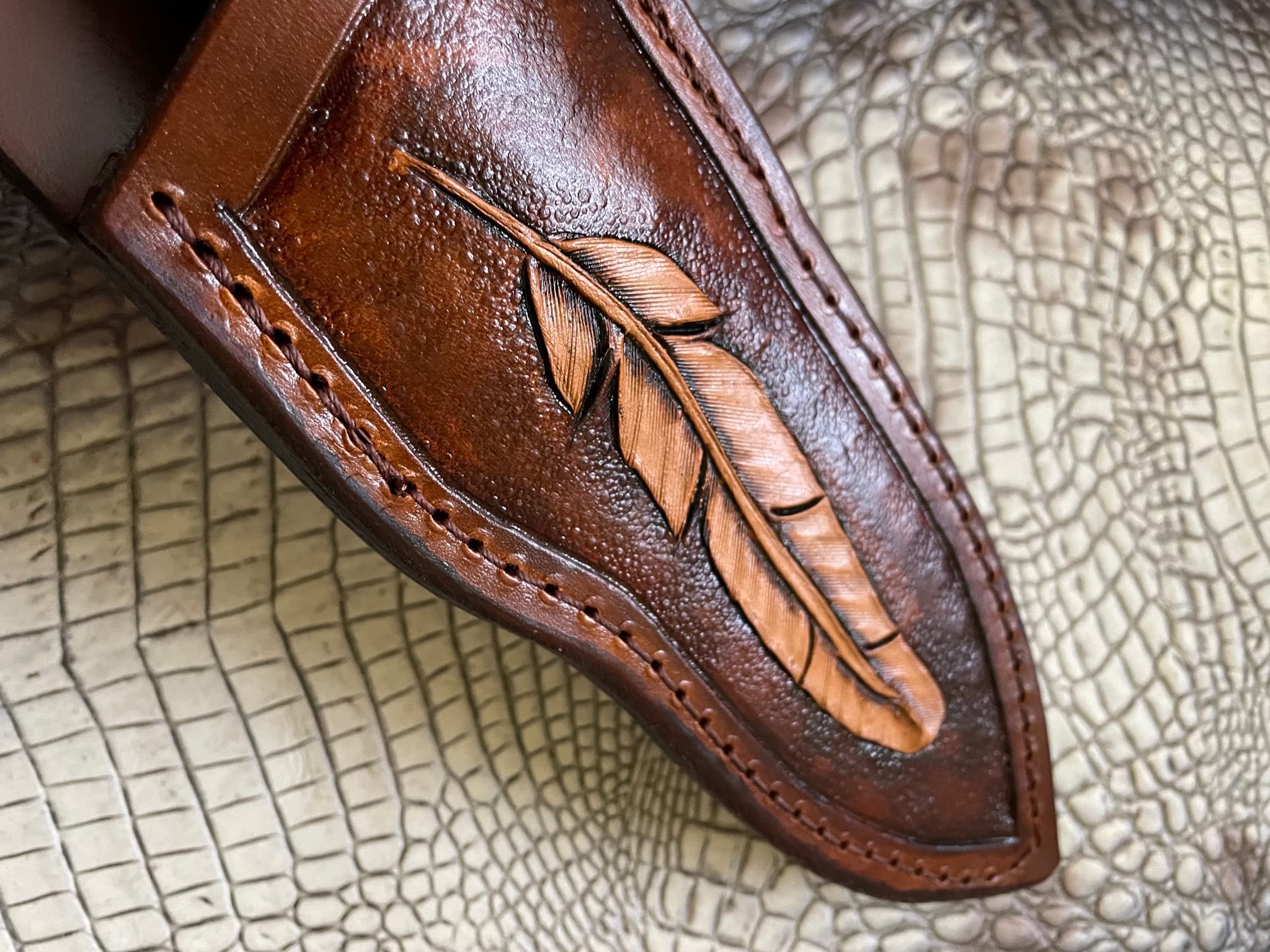 by Carl Thomas Jr. Leather Knife Sheath for Buck 692 Vanguard or Zipper. Tooled W/feather &Dyed Brown