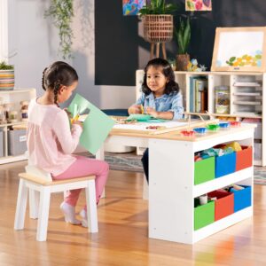 guidecraft arts and crafts center: kids activity table and art desk with chairs and craft storage, paper roll, and paint cups | toddler art and play table - kids wooden learning furniture