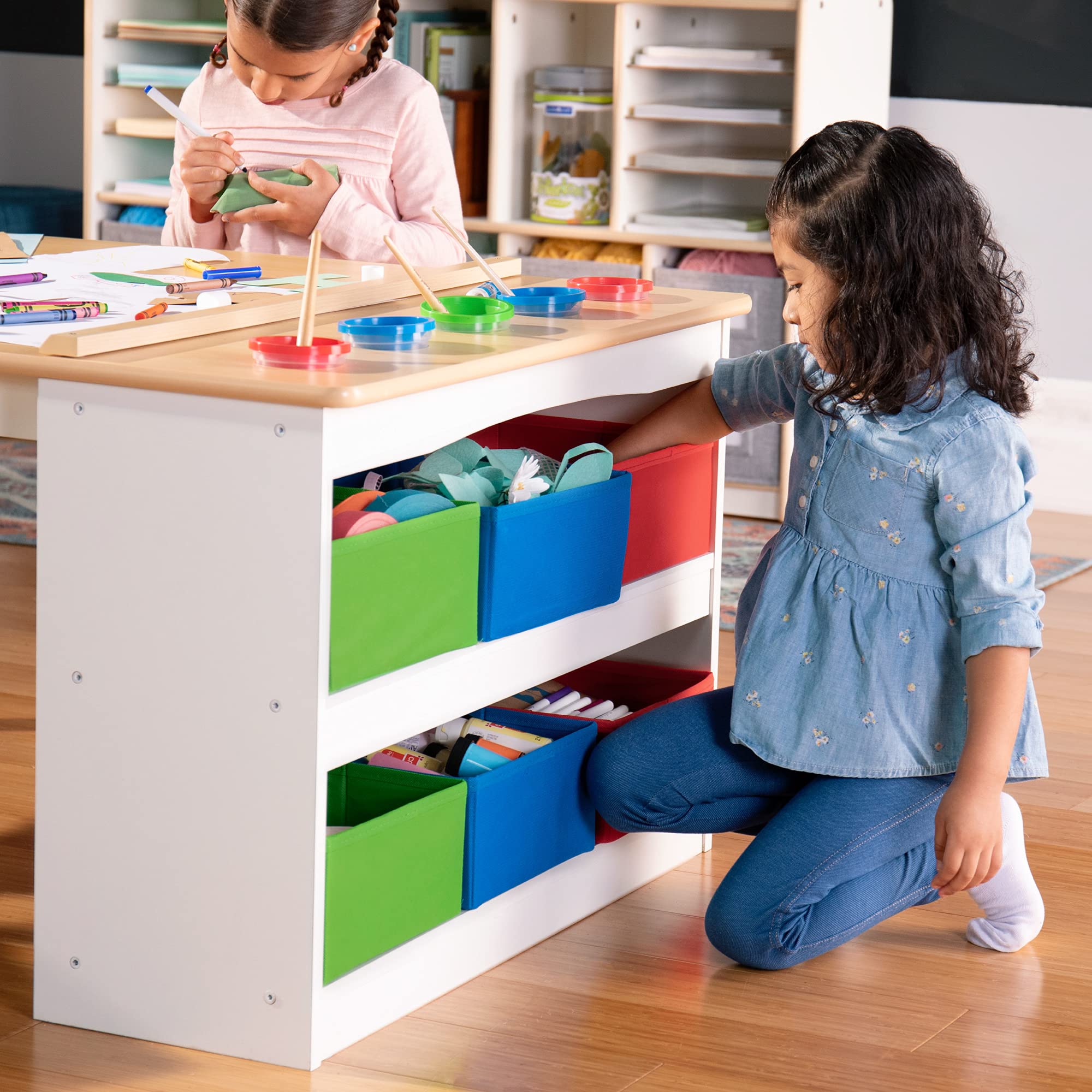 Guidecraft Arts and Crafts Center: Kids Activity Table and Art Desk with Chairs and Craft Storage, Paper Roll, and Paint Cups | Toddler Art and Play Table - Kids Wooden Learning Furniture