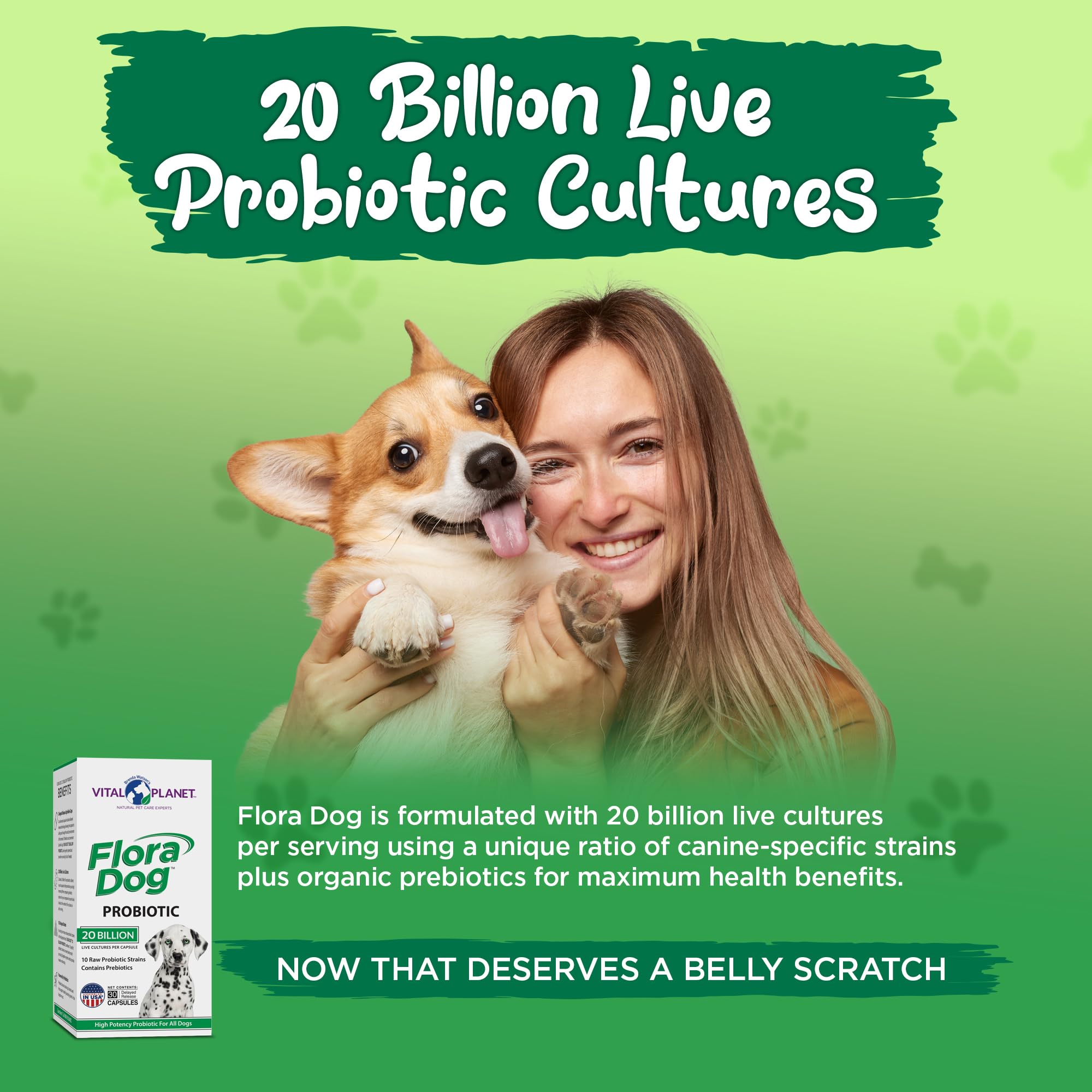 Vital Planet - Flora Dog Probiotic Capsules Supplement with 20 Billion Cultures and 10 Strains, High Potency Immune and Digestive Support Probiotics for Dogs, 30 Delayed Release Capsules