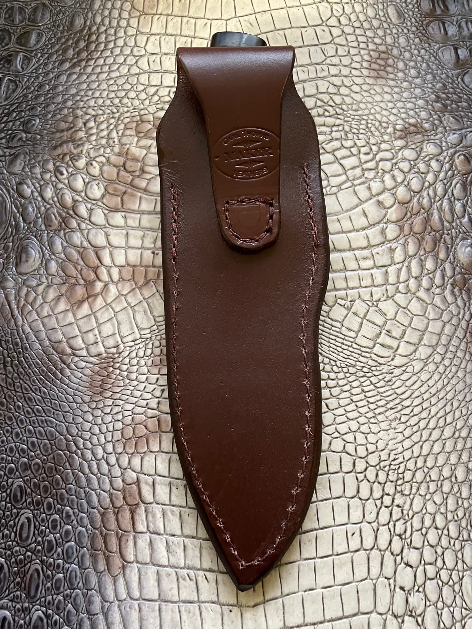 by Carl Thomas Jr. Leather Knife Sheath for Buck 692 Vanguard or Zipper. Tooled W/feather &Dyed Brown