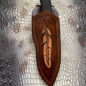 by Carl Thomas Jr. Leather Knife Sheath for Buck 692 Vanguard or Zipper. Tooled W/feather &Dyed Brown