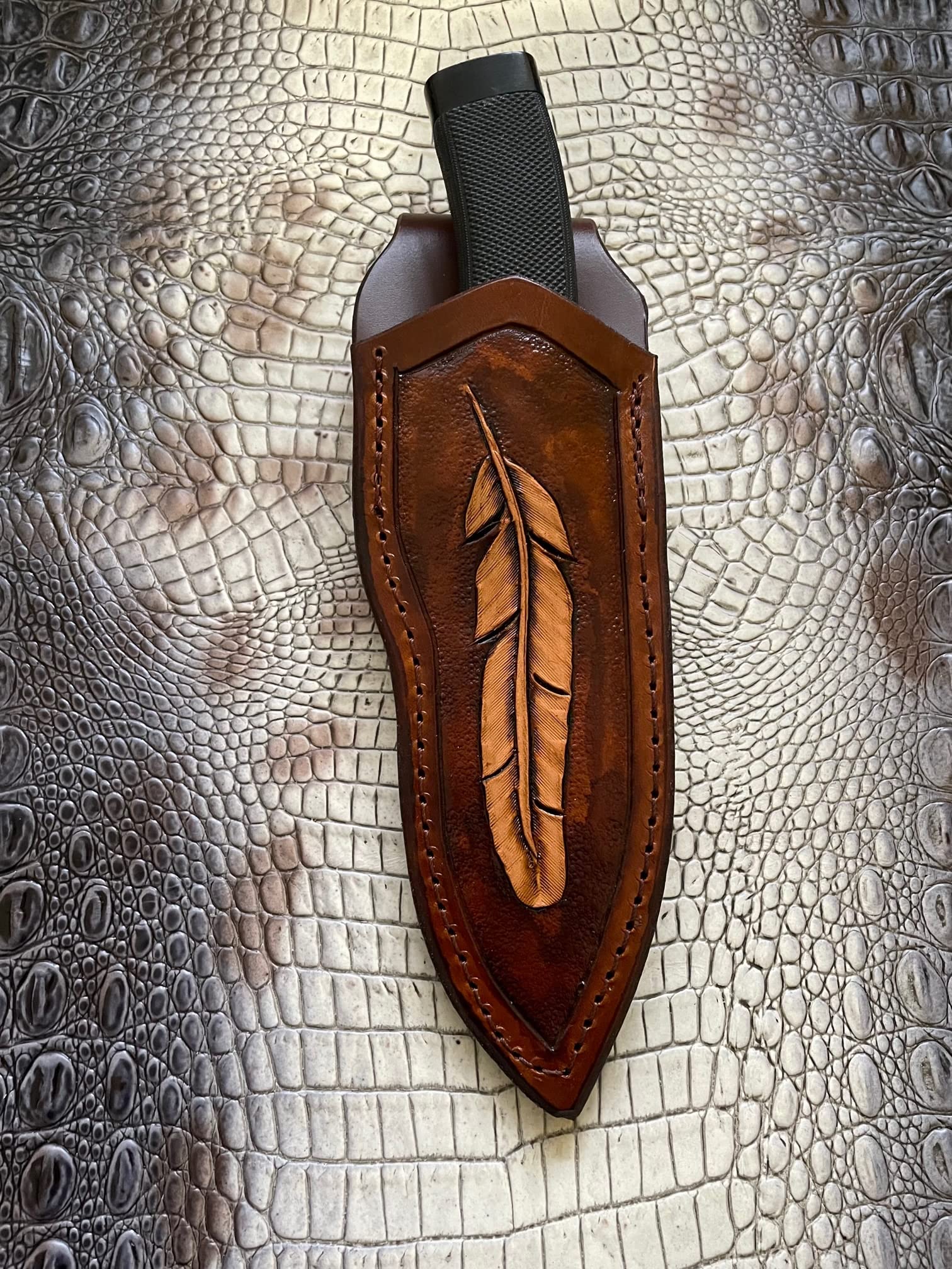 by Carl Thomas Jr. Leather Knife Sheath for Buck 692 Vanguard or Zipper. Tooled W/feather &Dyed Brown