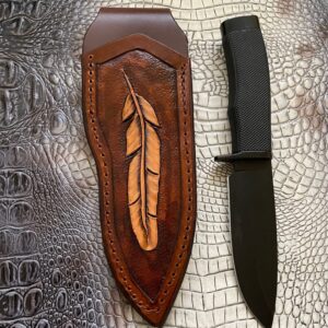 by Carl Thomas Jr. Leather Knife Sheath for Buck 692 Vanguard or Zipper. Tooled W/feather &Dyed Brown