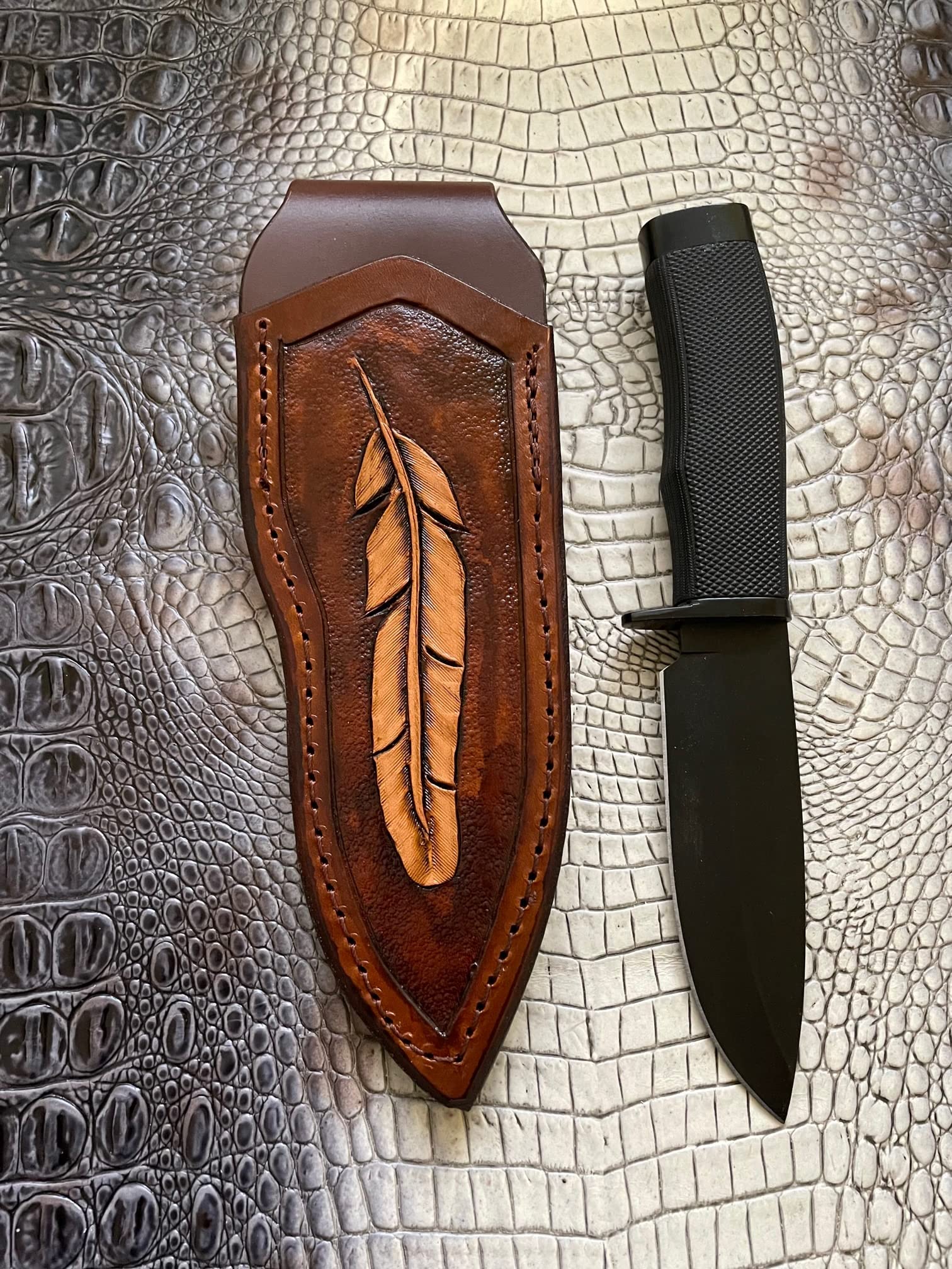 by Carl Thomas Jr. Leather Knife Sheath for Buck 692 Vanguard or Zipper. Tooled W/feather &Dyed Brown