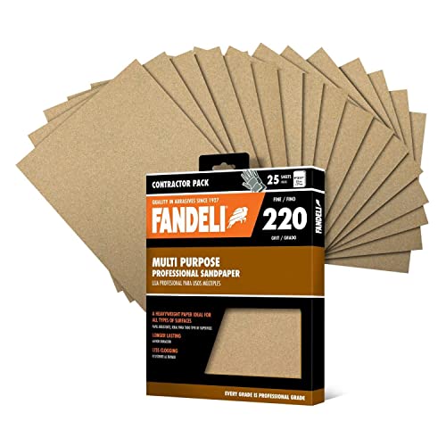 Fandeli | Multi-Purpose Sandpaper | 220 Grit | 25 Sheets of 9'' x 11'' | Metal and Wood Sandpaper | Wall Sandpaper | Hand Sanding | Orbital Sanders