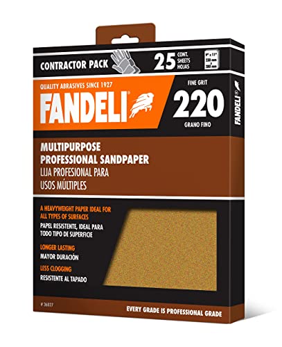 Fandeli | Multi-Purpose Sandpaper | 220 Grit | 25 Sheets of 9'' x 11'' | Metal and Wood Sandpaper | Wall Sandpaper | Hand Sanding | Orbital Sanders