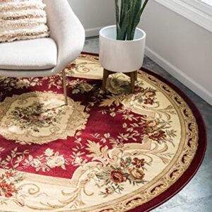 Unique Loom Versailles Collection Traditional Classic Floral Motif Area Rug (8' 0 x 8' 0 Round, Burgundy/ Ivory)