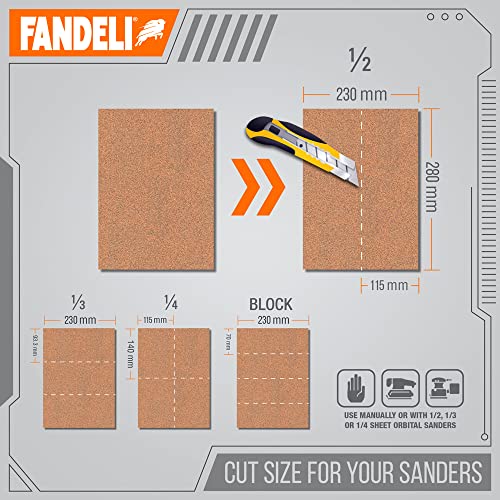 Fandeli | Multi-Purpose Sandpaper | 220 Grit | 25 Sheets of 9'' x 11'' | Metal and Wood Sandpaper | Wall Sandpaper | Hand Sanding | Orbital Sanders