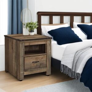 Signature Design by Ashley Trinell Rustic 1 Drawer Nightstand with USB Charing Stations, 26.22" Tall, Warm Brown