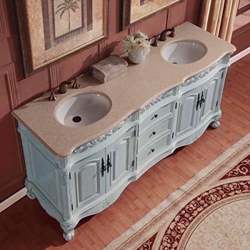 Silkroad Exclusive Countertop Marble Stone Double Sink Bathroom Vanity with Cabinet, 72", Cream