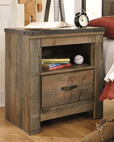 Signature Design by Ashley Trinell Rustic 1 Drawer Nightstand with USB Charing Stations, 26.22" Tall, Warm Brown