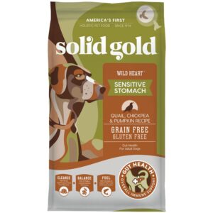 solid gold sensitive stomach dog food for adult & senior dogs - made with real quail, chickpea & pumpkin - wild heart grain free dry dog food for digestive health and immune support