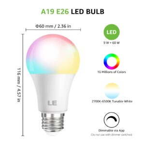 LE Color Changing Light Bulbs, Bluetooth Smart LED Bulb, Dimmable via App, 60 Watt Equivalent, 2700K-6500K Tunable White, A19 E26 RGB Bulb for Bedroom Home Party and More, 2 Pack