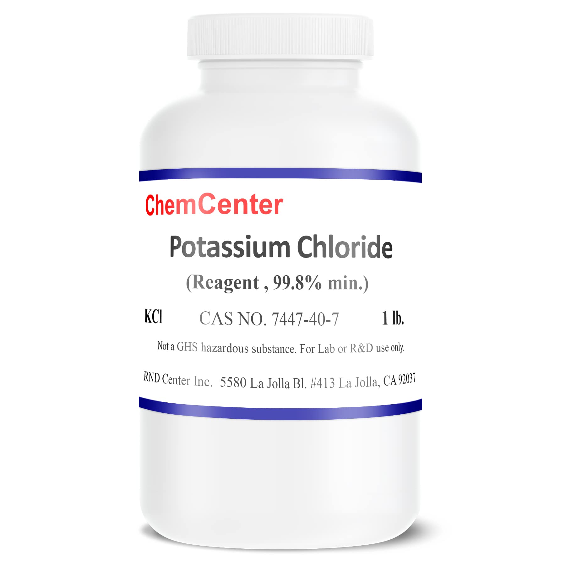 Potassium Chloride, High Purity Crystals, 99.8% min.,1lb. (454 Grams).