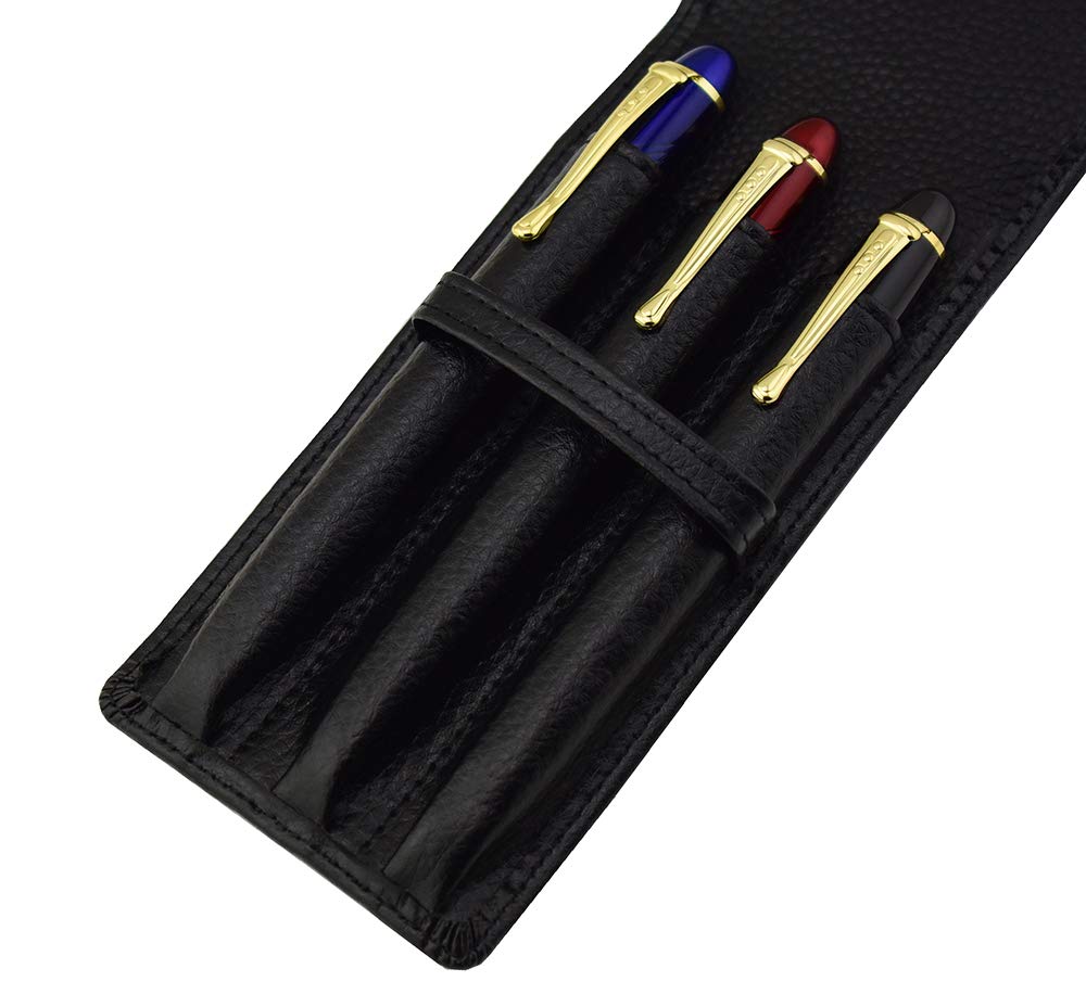 Lanxivi Leather fountain pen case for 3 Pens Pouch Separate Slot Organizer Carrying Case Black Color