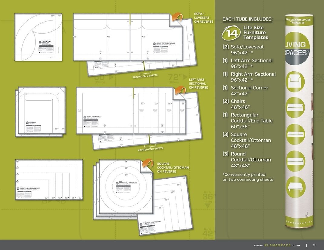 Plan A Space LS1 Living Spaces - (14) Life Size Furniture Templates, Complete Living, Sitting or Common Room Planning Kit