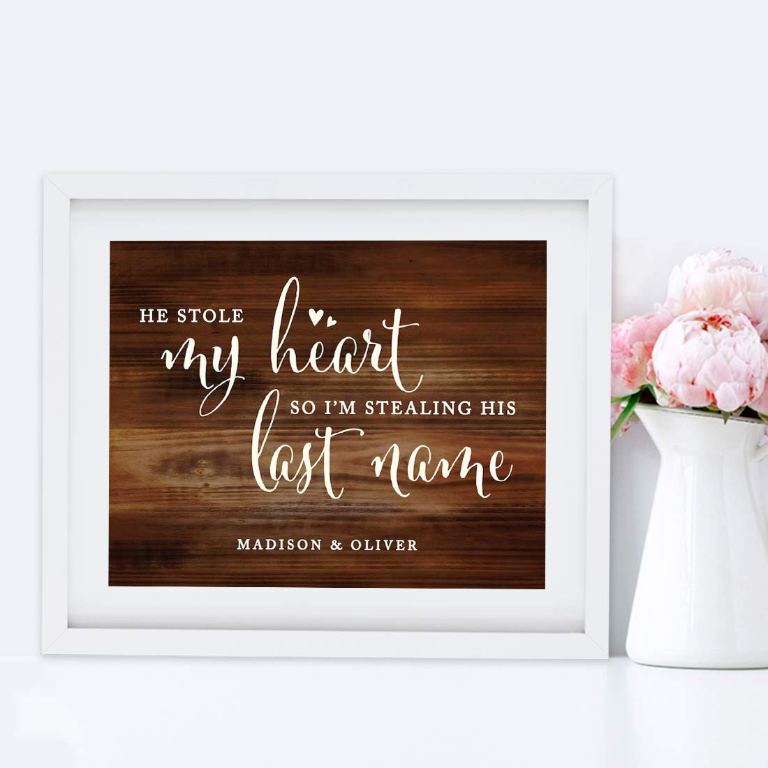 Andaz Press Personalized Wedding Party Signs, Rustic Wood Print, 8.5-inch x 11-inch, He Stole My Heart, So I'm Stealing His Last Name, 1-Pack