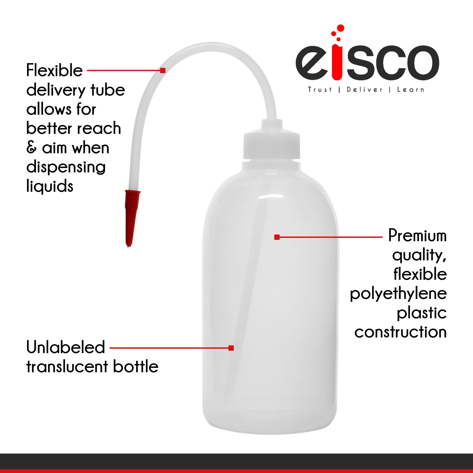 EISCO Wash Bottle, 500ml - Polyethylene - Translucent, Unbreakable - Screw Cap with Flexible Delivery Tube for Dispensing Liquid - Includes Tube Cap Labs